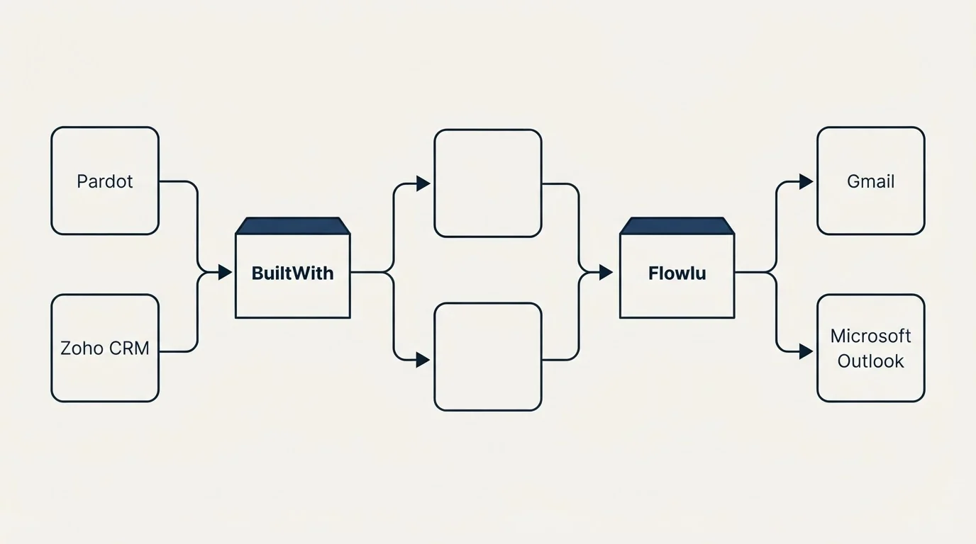 Integration flow: Integration Ecosystem (BuiltWith, Flowlu, Pardot, Gmail)