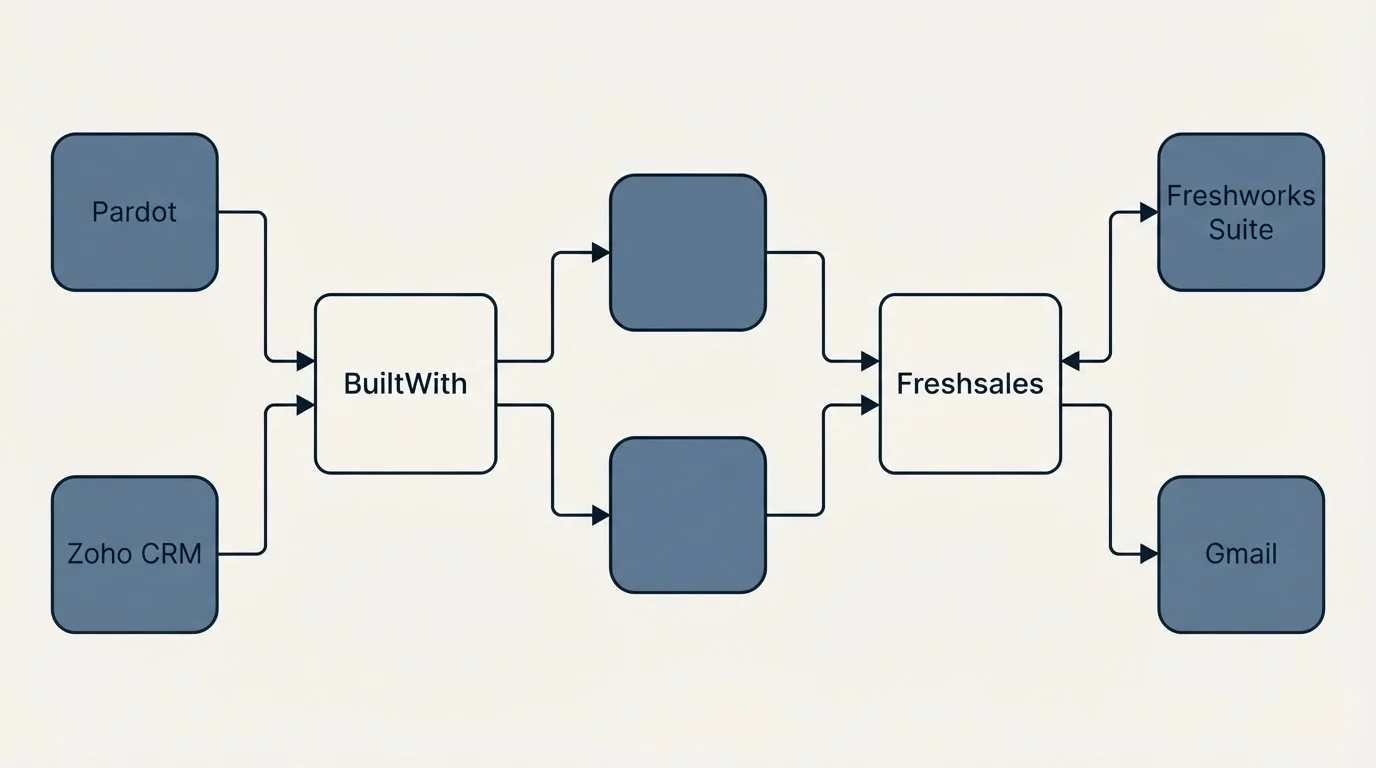 Integration flow: Integration Ecosystem (BuiltWith, Freshsales, Pardot, Freshworks Suite)
