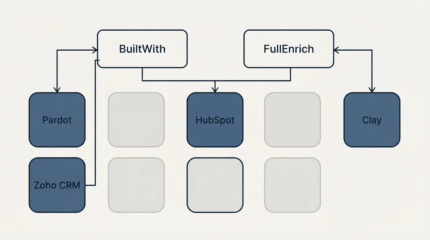 Integration grid: Integration Ecosystem (BuiltWith, FullEnrich, HubSpot, Pardot)