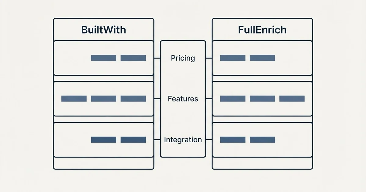 Comparison panel: BuiltWith vs FullEnrich (Pricing, Features, Integration)