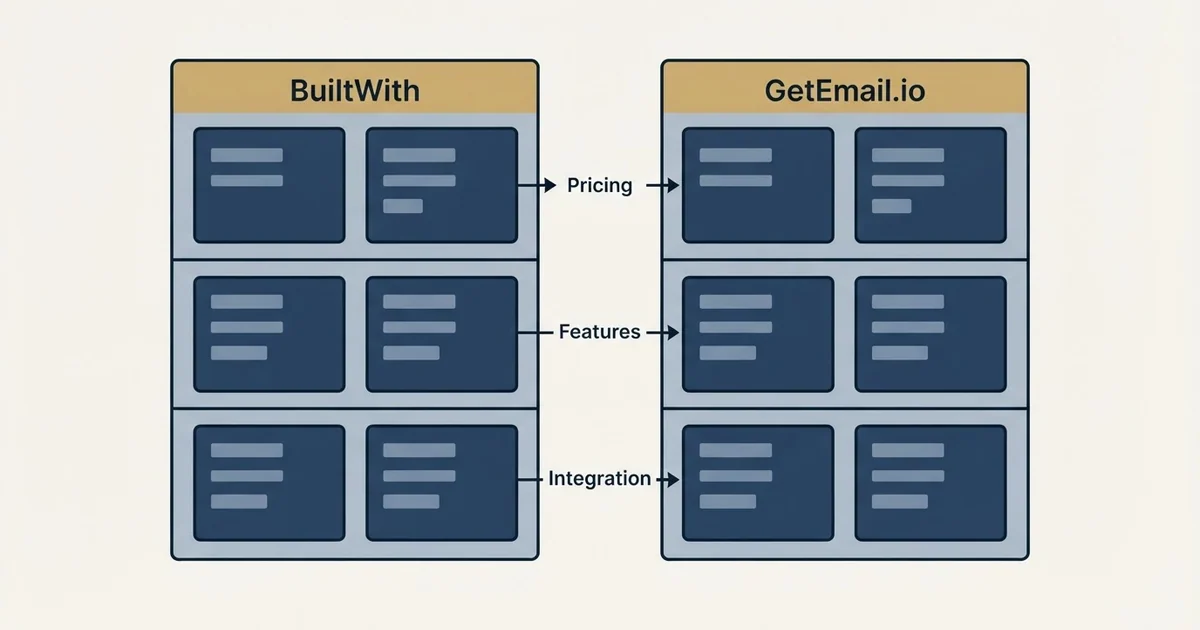 Comparison panel: BuiltWith vs GetEmail.io (Pricing, Features, Integration)