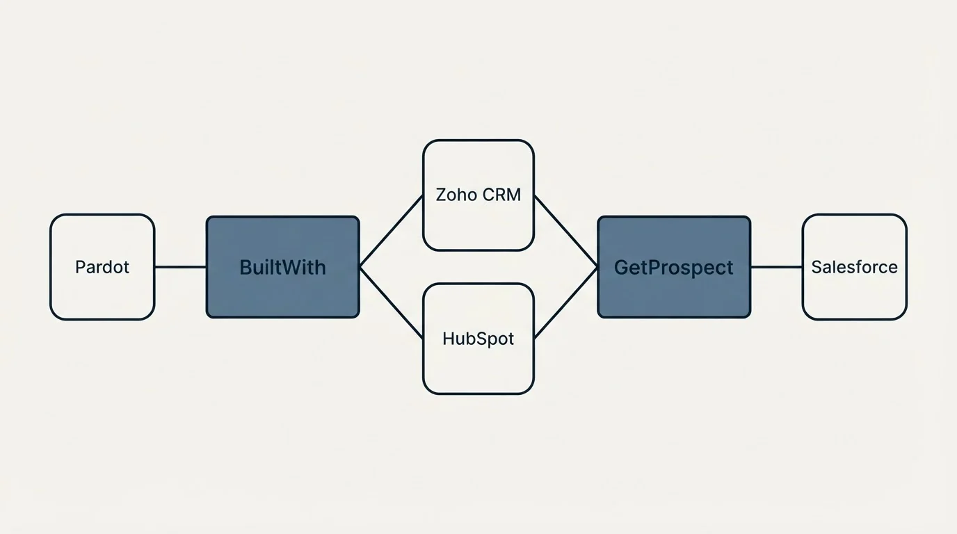 Integration schematic: Integration Ecosystem (BuiltWith, GetProspect, Zoho CRM, HubSpot)