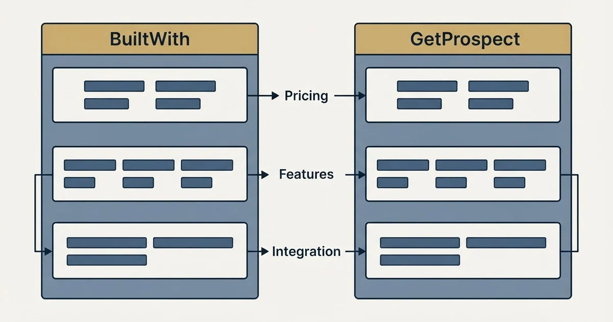 Comparison panel: BuiltWith vs GetProspect (Pricing, Features, Integration)