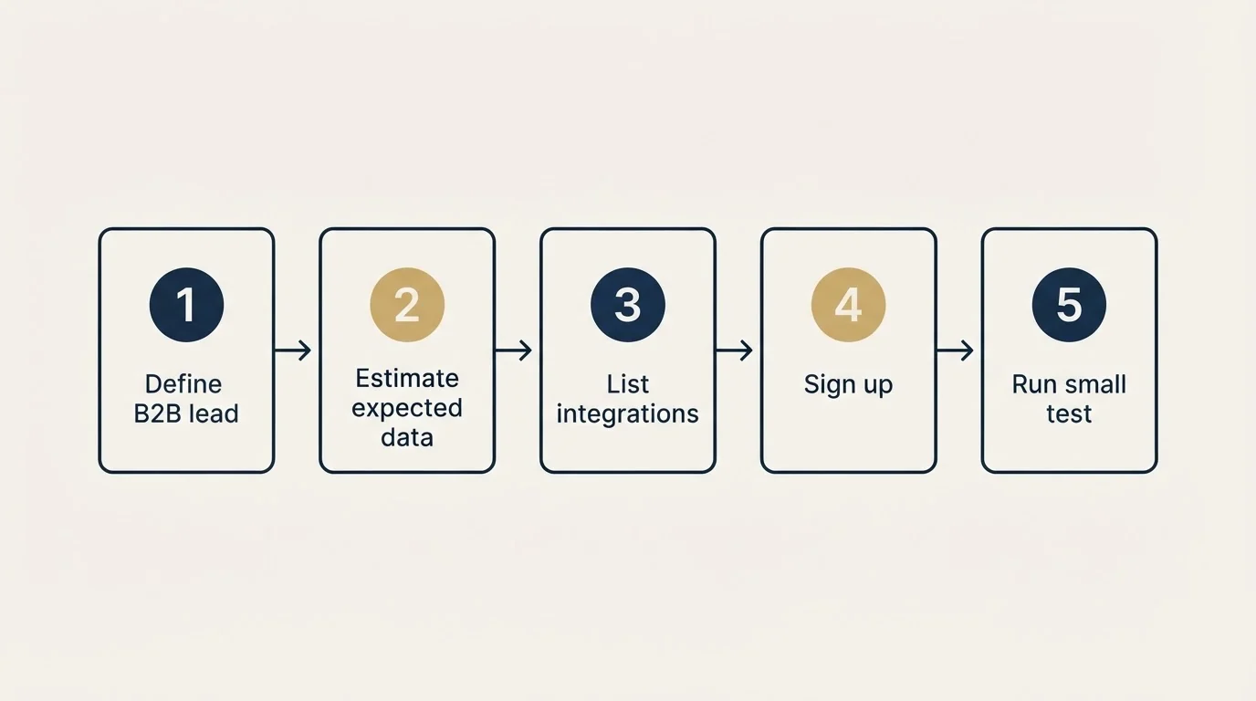 Step sequence: Getting Started Checklist (Define B2B lead, Estimate expected data, List integrations, Sign up)