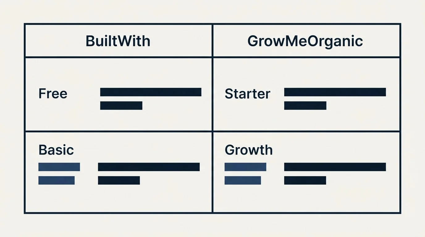 Pricing table: Pricing Comparison (BuiltWith, GrowMeOrganic, Free, Starter)