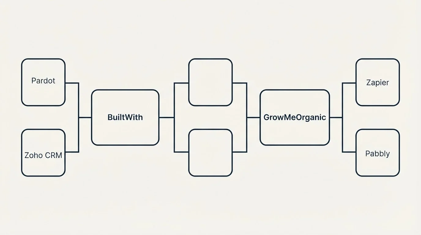 Integration flow: Integration Ecosystem (BuiltWith, GrowMeOrganic, Pardot, Zapier)
