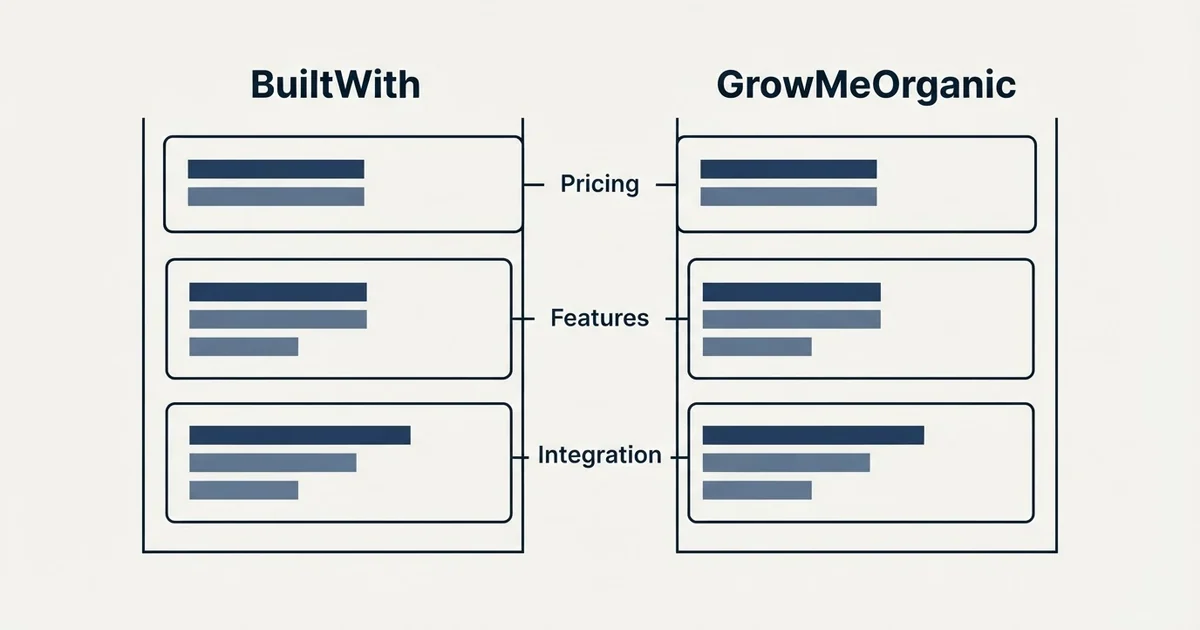 Comparison panel: BuiltWith vs GrowMeOrganic (Pricing, Features, Integration)