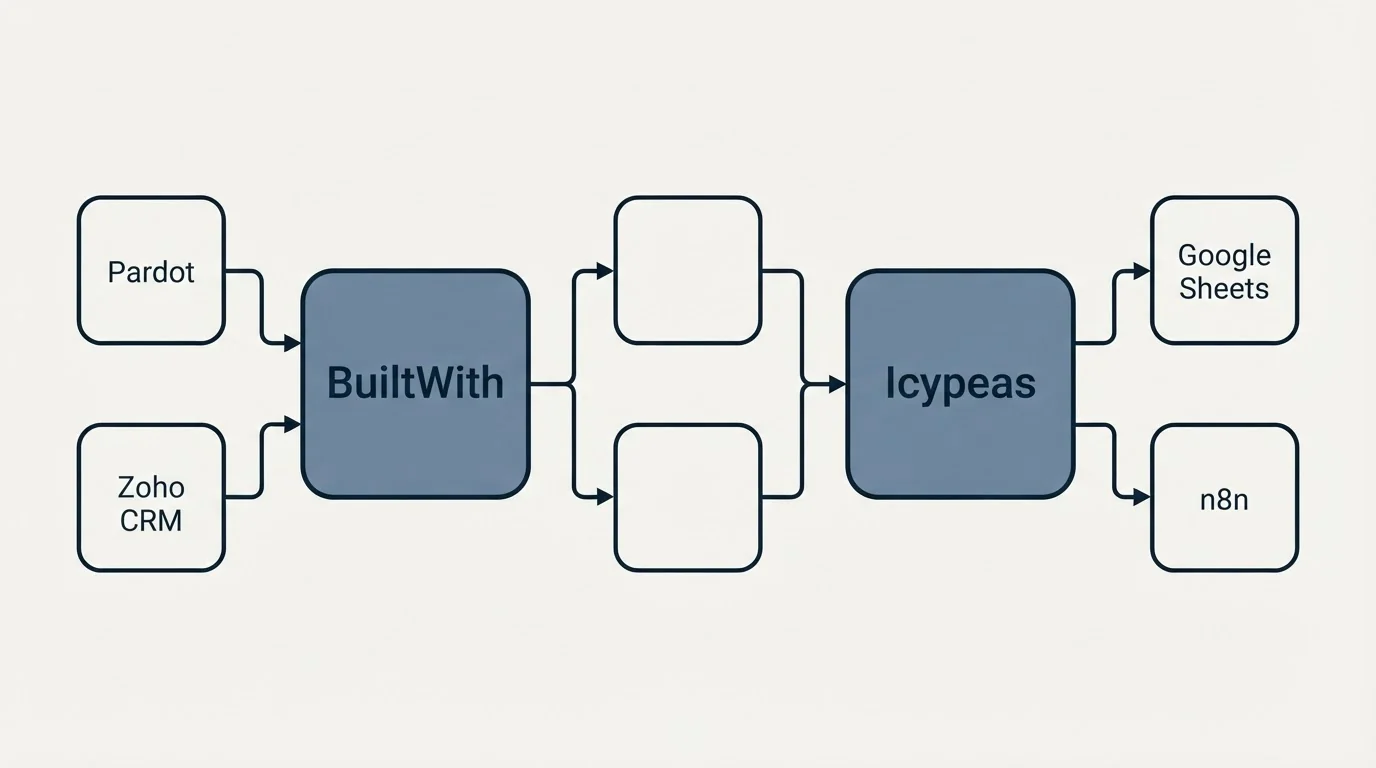 Integration schematic: Integration Ecosystem (BuiltWith, Icypeas, Pardot, Google Sheets)
