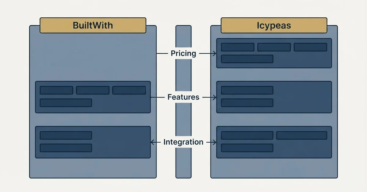 Comparison panel: BuiltWith vs Icypeas (Pricing, Features, Integration)