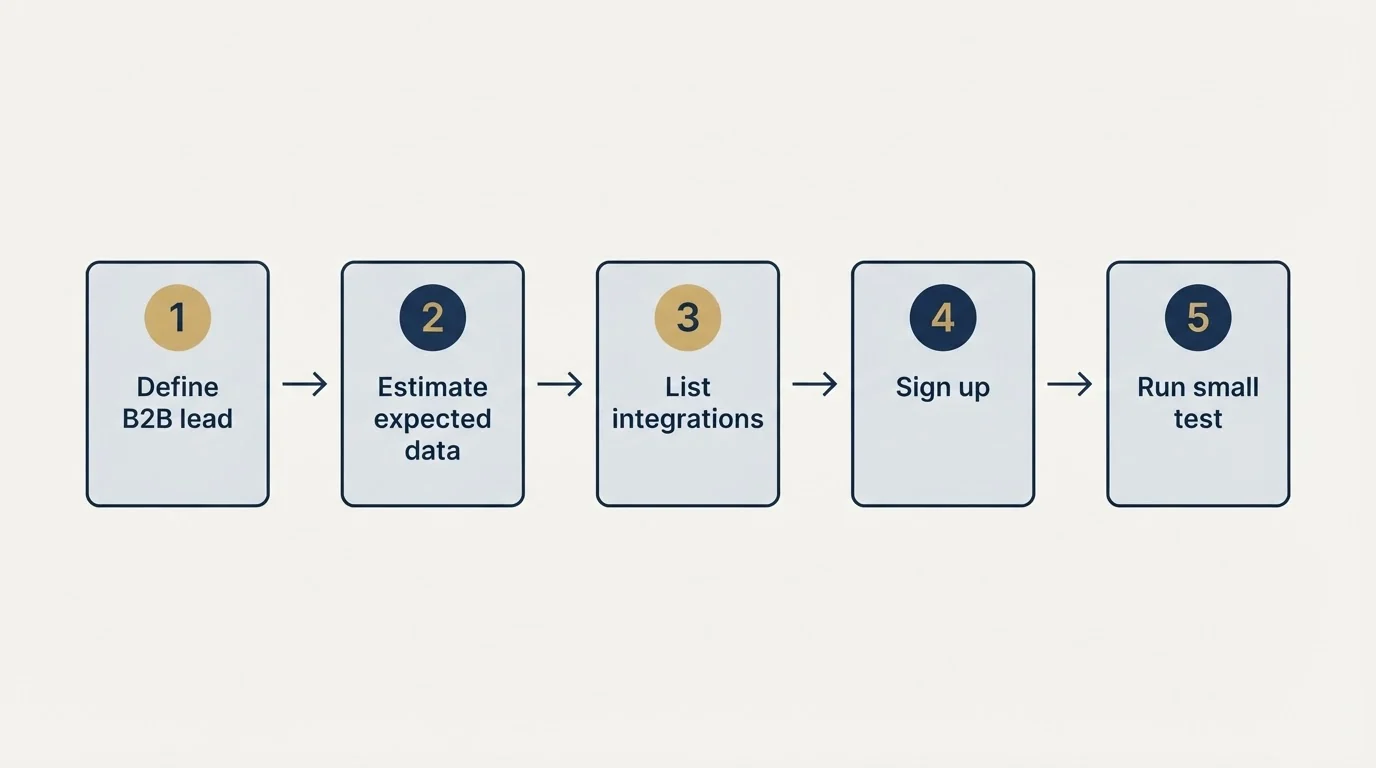 Step sequence: Getting Started Checklist (Define B2B lead, Estimate expected data, List integrations, Sign up)