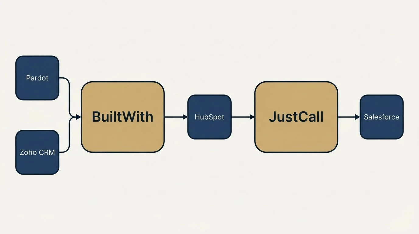 Integration flow: Integration Ecosystem (BuiltWith, JustCall, HubSpot, Pardot)
