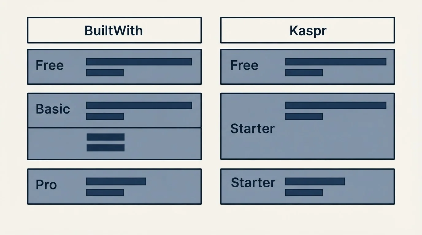 Pricing table: Pricing Comparison (BuiltWith, Kaspr, Free, Basic)