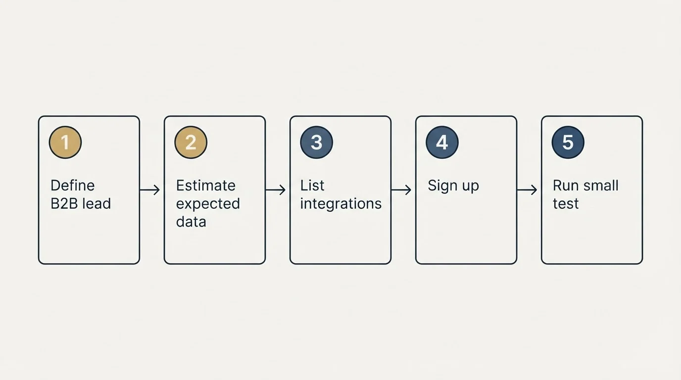 Step sequence: Getting Started Checklist (Define B2B lead, Estimate expected data, List integrations, Sign up)