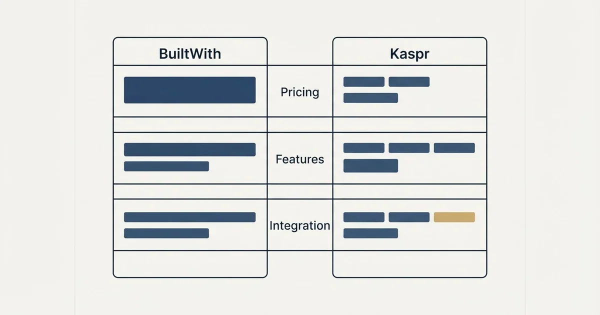 Comparison panel: BuiltWith vs Kaspr (Pricing, Features, Integration)
