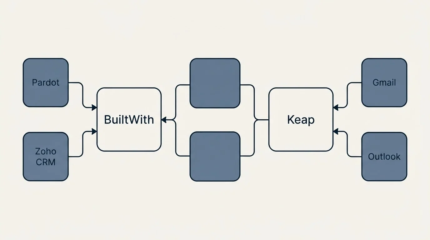 Integration schematic: Integration Ecosystem (BuiltWith, Keap, Pardot, Gmail)