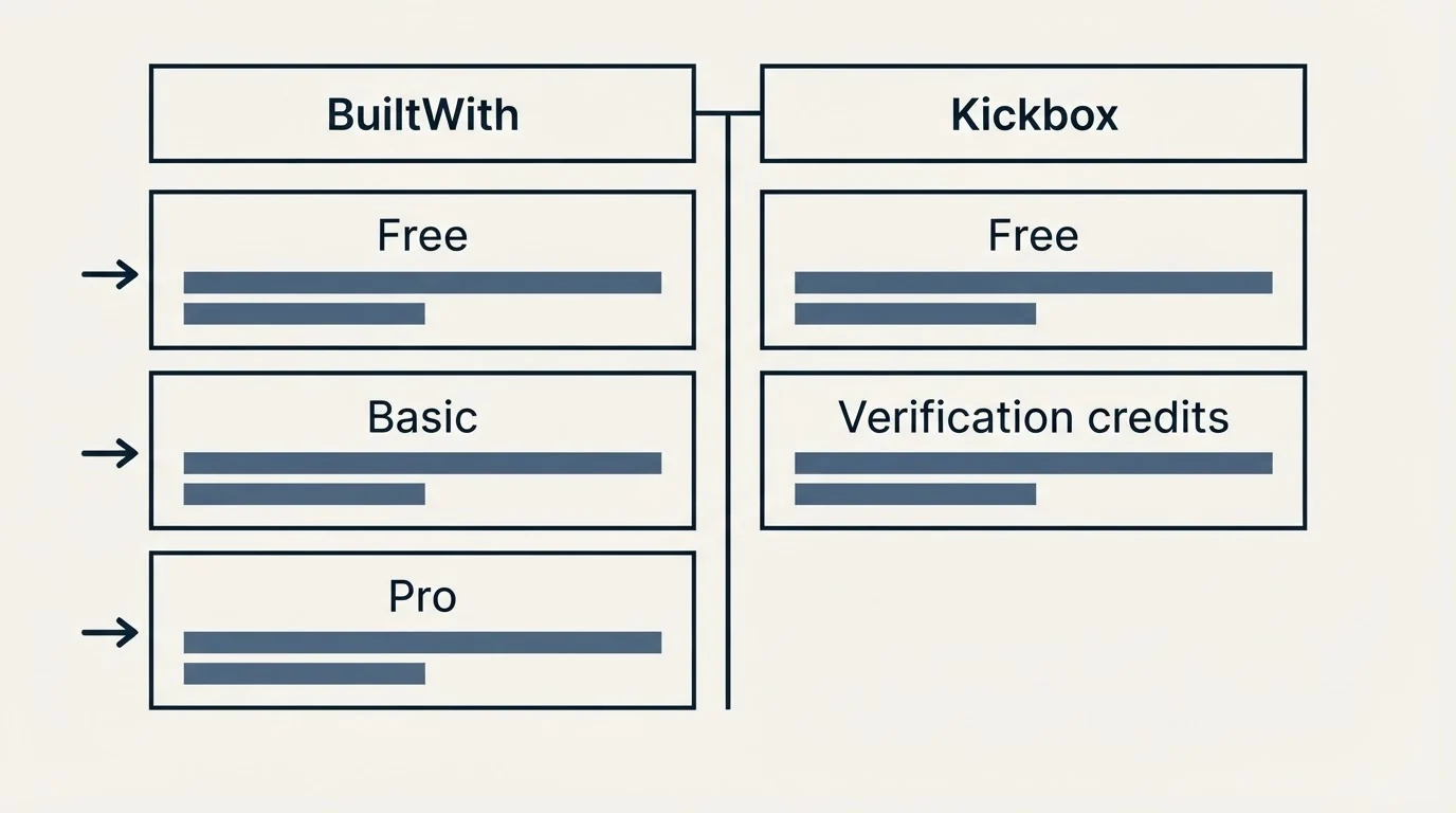 Pricing table: Pricing Comparison (BuiltWith, Kickbox, Free, Basic)