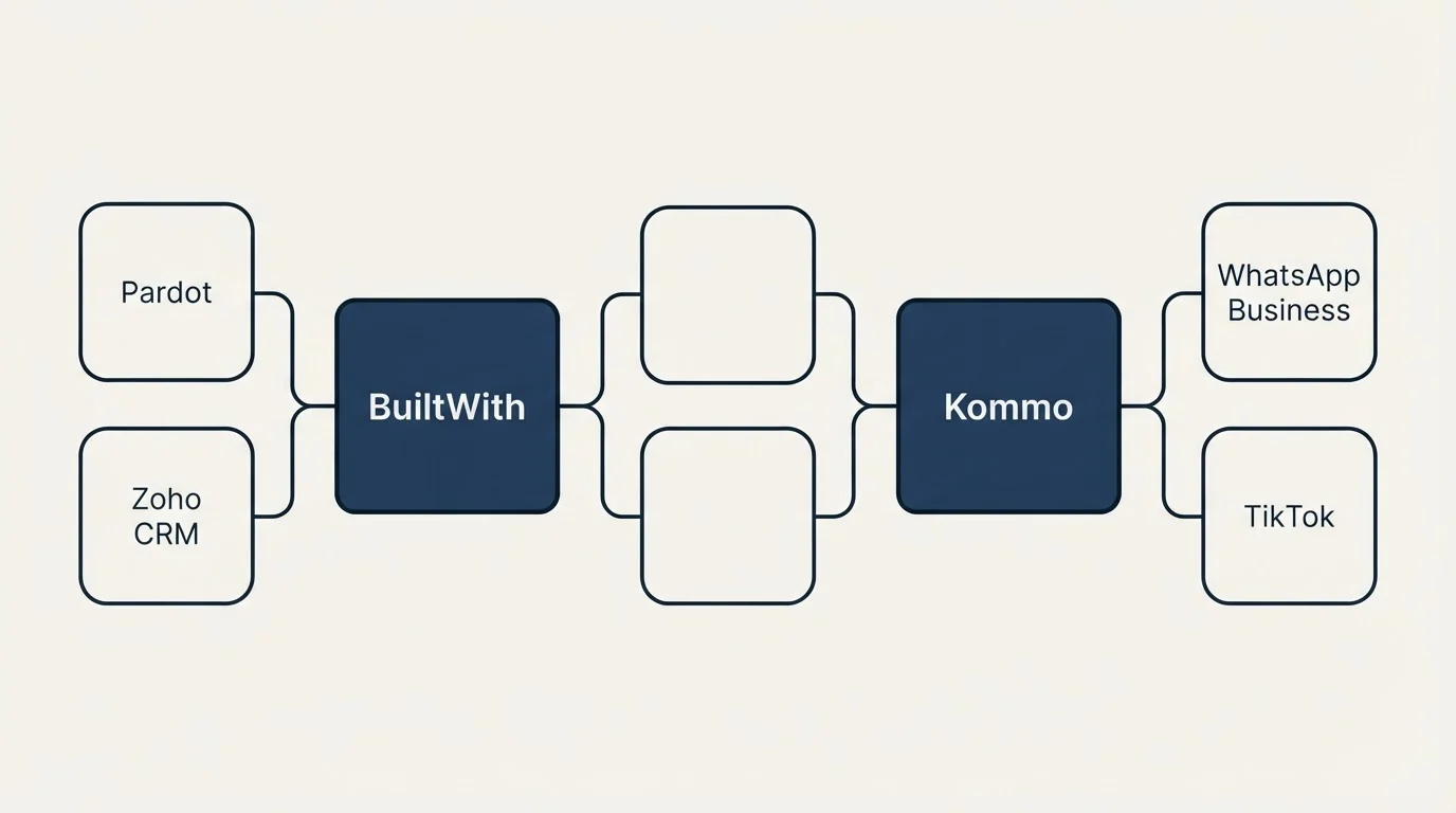Integration schematic: Integration Ecosystem (BuiltWith, Kommo, Pardot, WhatsApp Business)