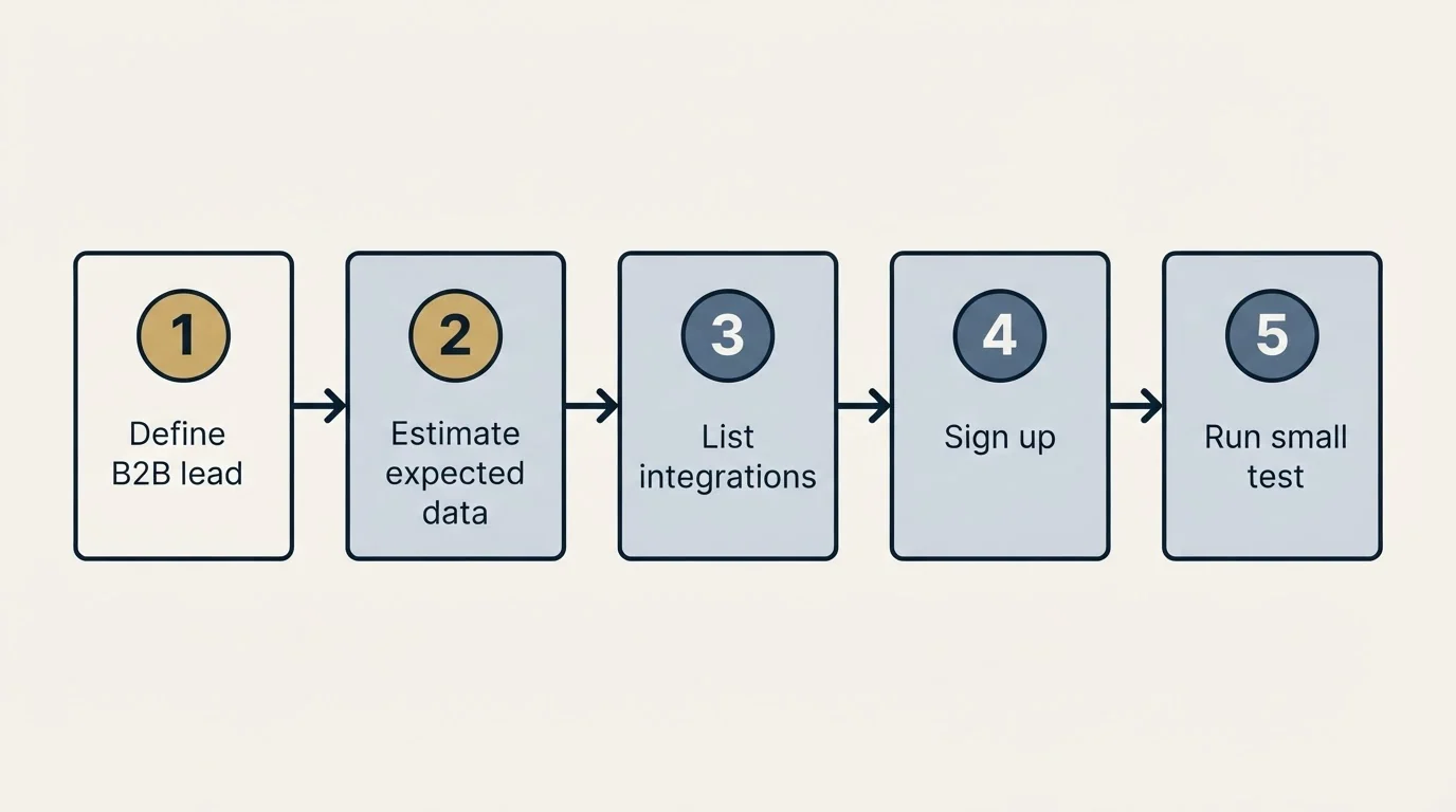 Step sequence: Getting Started Checklist (Define B2B lead, Estimate expected data, List integrations, Sign up)