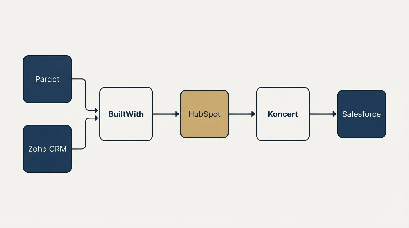 Integration schematic: Integration Ecosystem (BuiltWith, Koncert, HubSpot, Pardot)