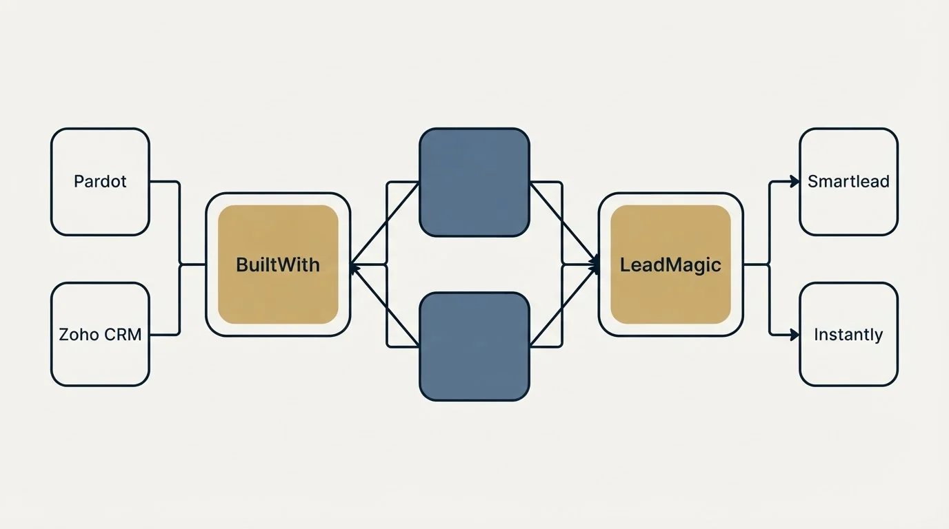 Integration schematic: Integration Ecosystem (BuiltWith, LeadMagic, Pardot, Smartlead)