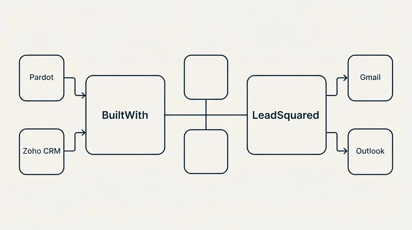 Integration flow: Integration Ecosystem (BuiltWith, LeadSquared, Pardot, Gmail)