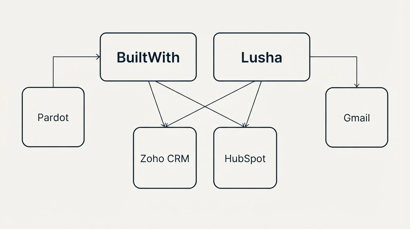 Integration grid: Integration Ecosystem (BuiltWith, Lusha, Zoho CRM, HubSpot)