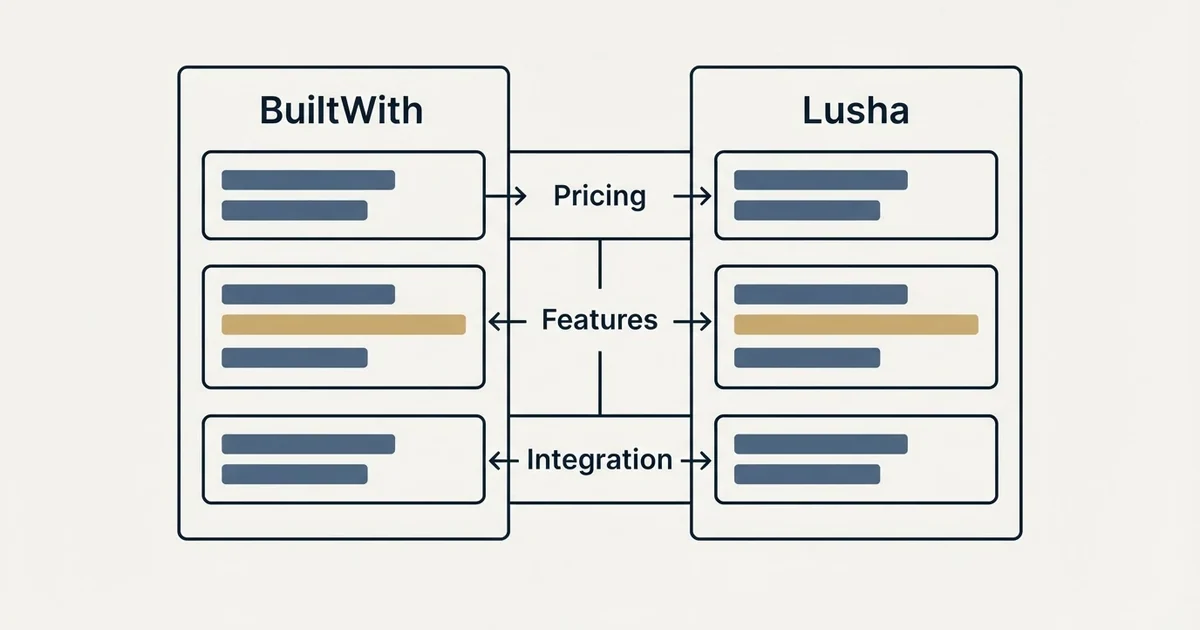 Comparison panel: BuiltWith vs Lusha (Pricing, Features, Integration)