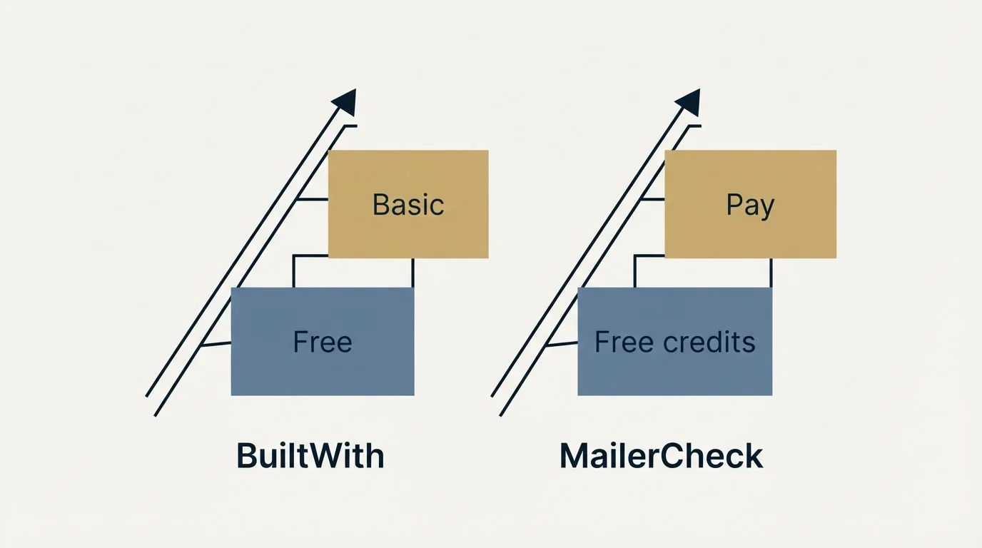 Pricing ladder: Pricing Comparison (BuiltWith, MailerCheck, Free, Free credits)