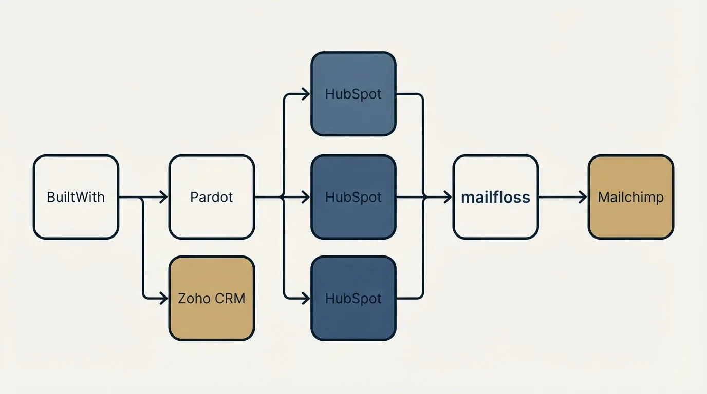 Integration flow: Integration Ecosystem (BuiltWith, mailfloss, HubSpot, Pardot)
