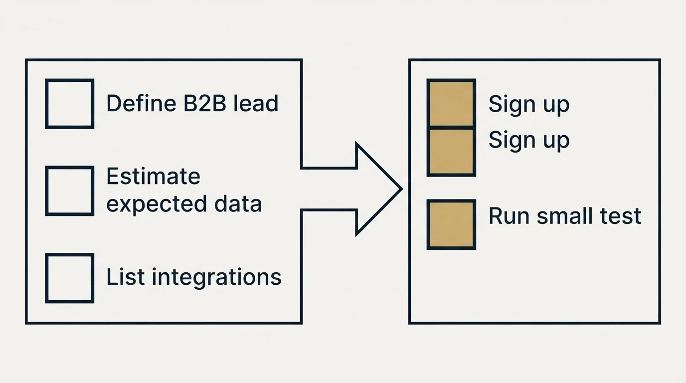 Before-and-after steps: Getting Started Checklist (Define B2B lead, Estimate expected data, List integrations, Sign up)