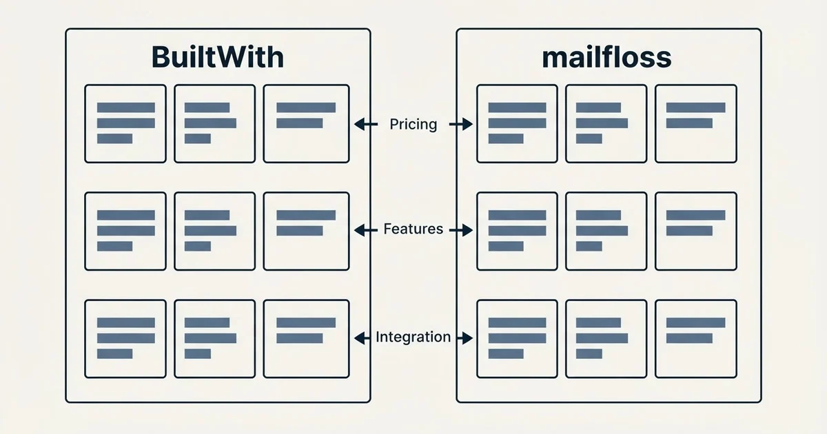 Comparison panel: BuiltWith vs mailfloss (Pricing, Features, Integration)