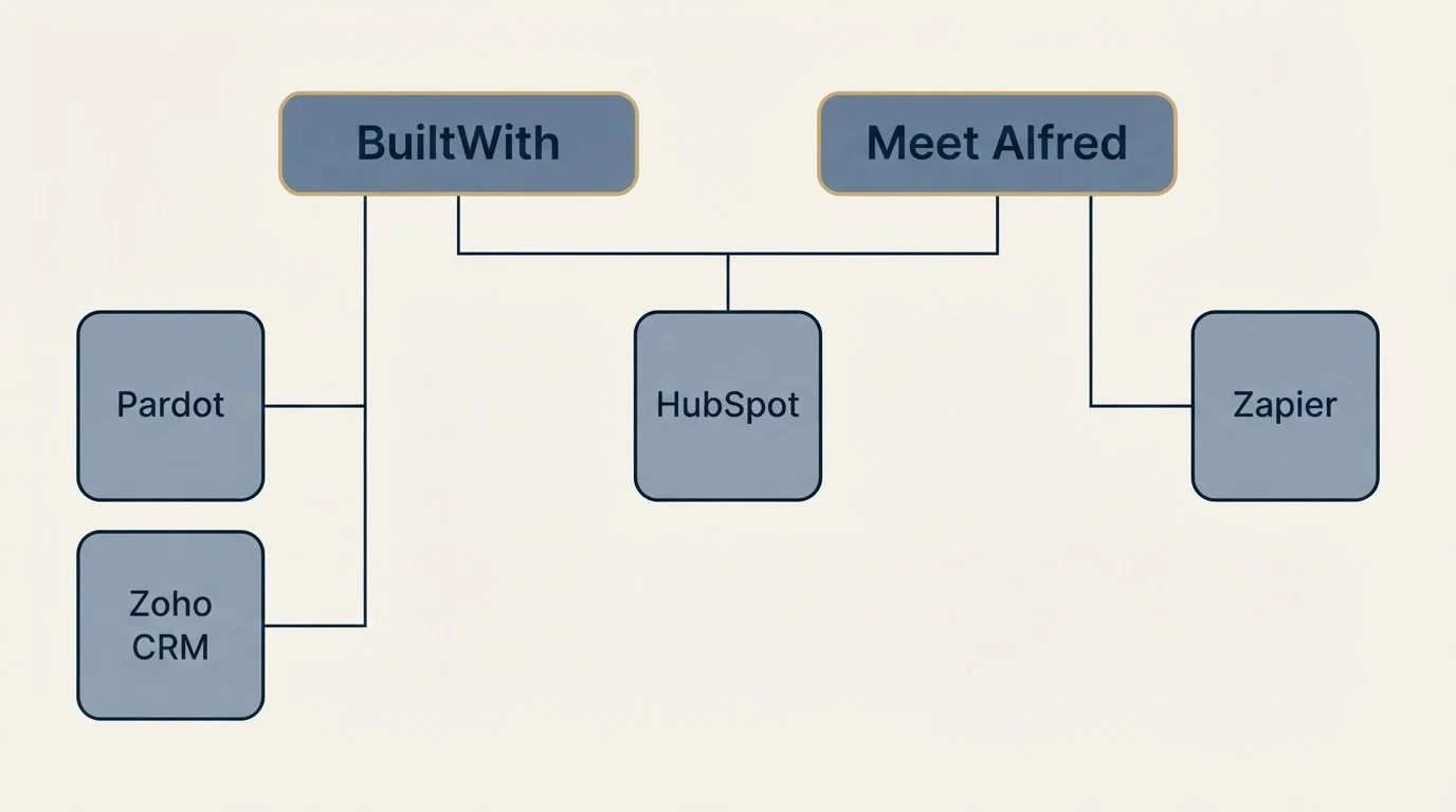 Integration grid: Integration Ecosystem (BuiltWith, Meet Alfred, HubSpot, Pardot)