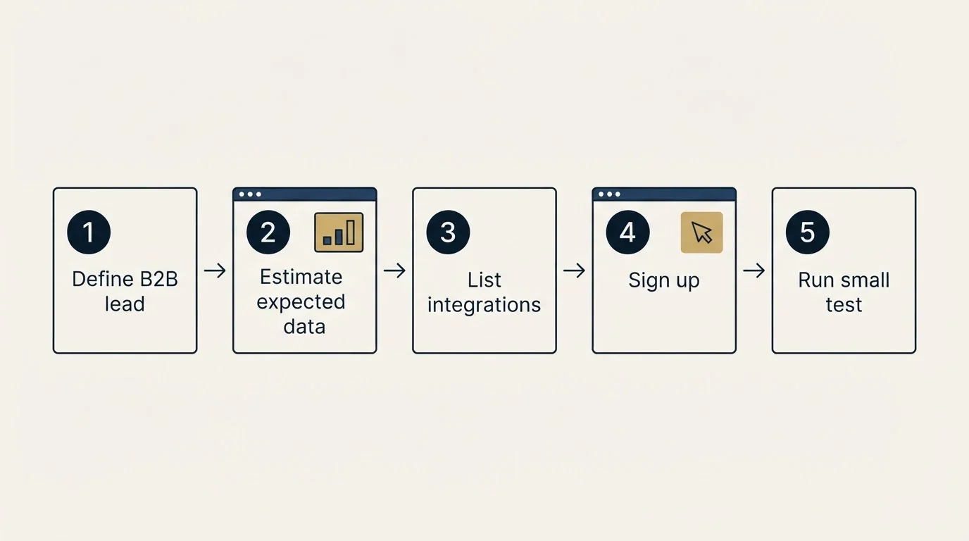 Step sequence: Getting Started Checklist (Define B2B lead, Estimate expected data, List integrations, Sign up)