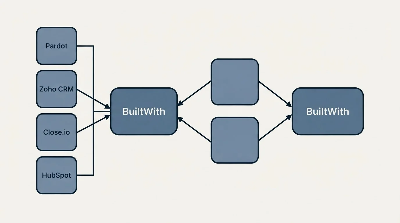 Integration schematic: Integration Ecosystem (BuiltWith, Pardot, Zoho CRM, Close.io)