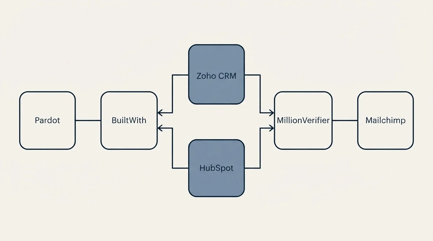 Integration flow: Integration Ecosystem (BuiltWith, MillionVerifier, Zoho CRM, HubSpot)