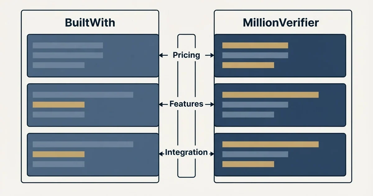 Comparison panel: BuiltWith vs MillionVerifier (Pricing, Features, Integration)