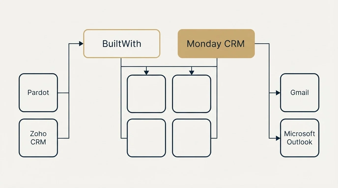 Integration grid: Integration Ecosystem (BuiltWith, Monday CRM, Pardot, Gmail)