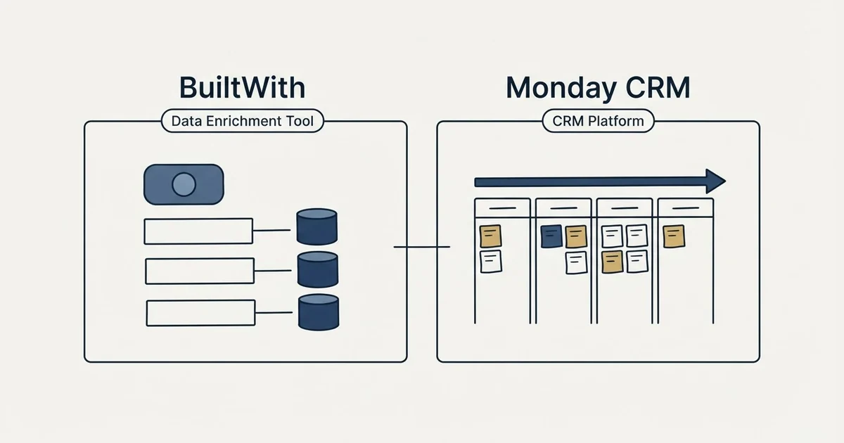 Side-by-side panels: BuiltWith vs Monday CRM (Data Enrichment Tool, CRM Platform)