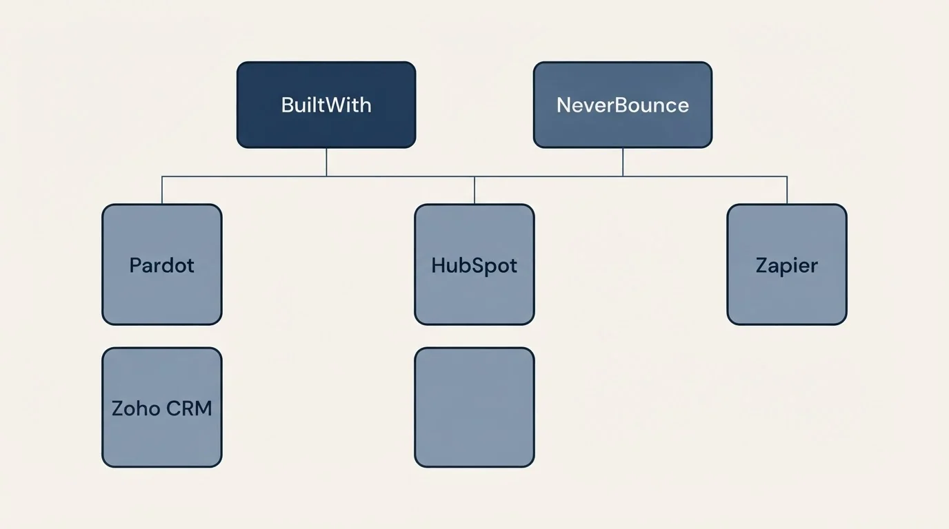 Integration grid: Integration Ecosystem (BuiltWith, NeverBounce, HubSpot, Pardot)
