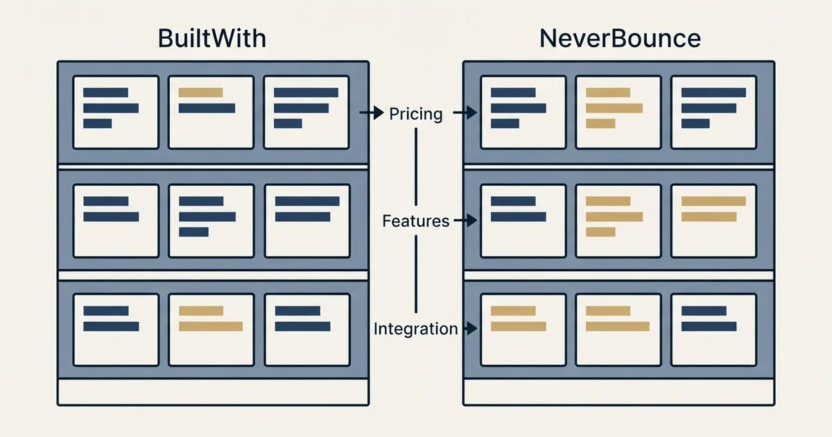 Comparison panel: BuiltWith vs NeverBounce (Pricing, Features, Integration)
