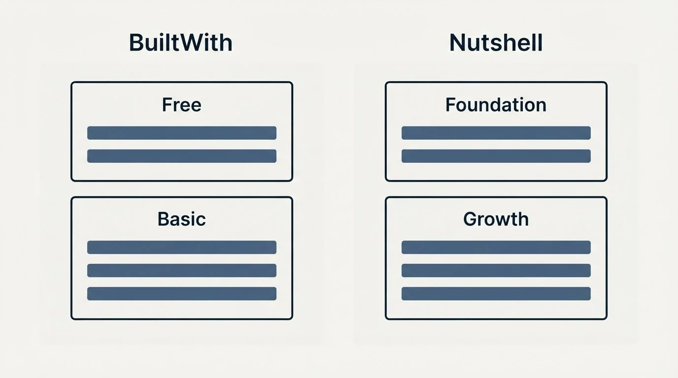 Pricing panels: Pricing Comparison (BuiltWith, Nutshell, Free, Foundation)
