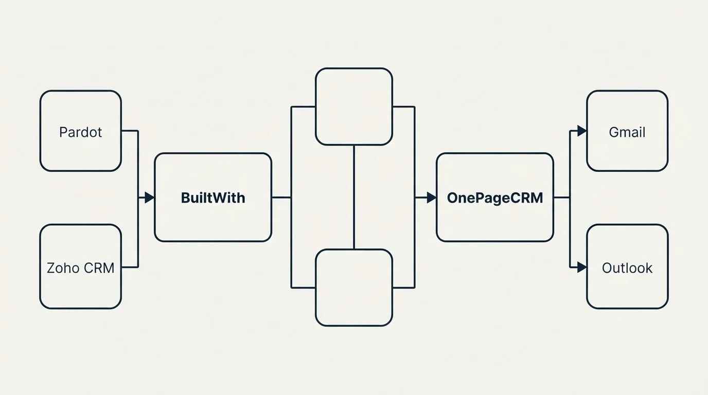 Integration flow: Integration Ecosystem (BuiltWith, OnePageCRM, Pardot, Gmail)