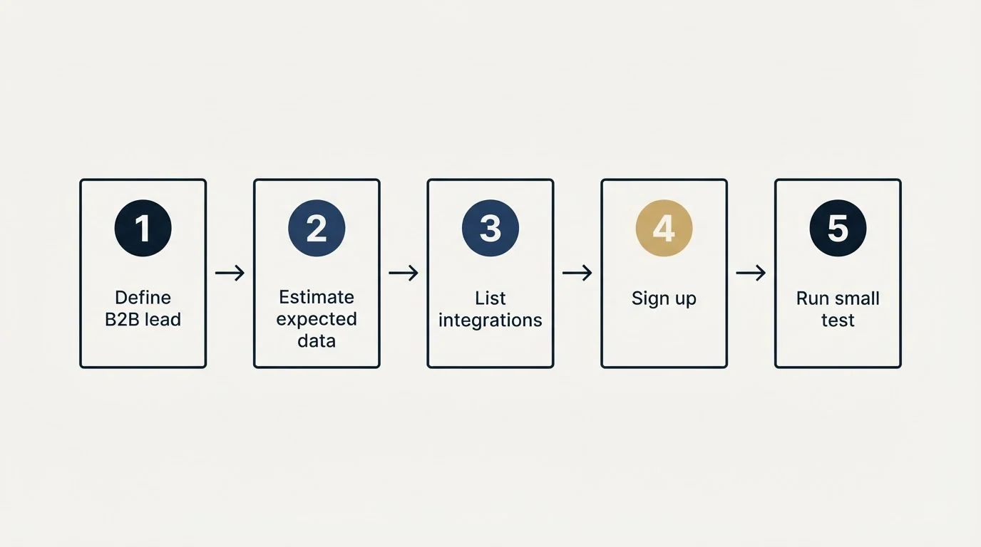 Step sequence: Getting Started Checklist (Define B2B lead, Estimate expected data, List integrations, Sign up)
