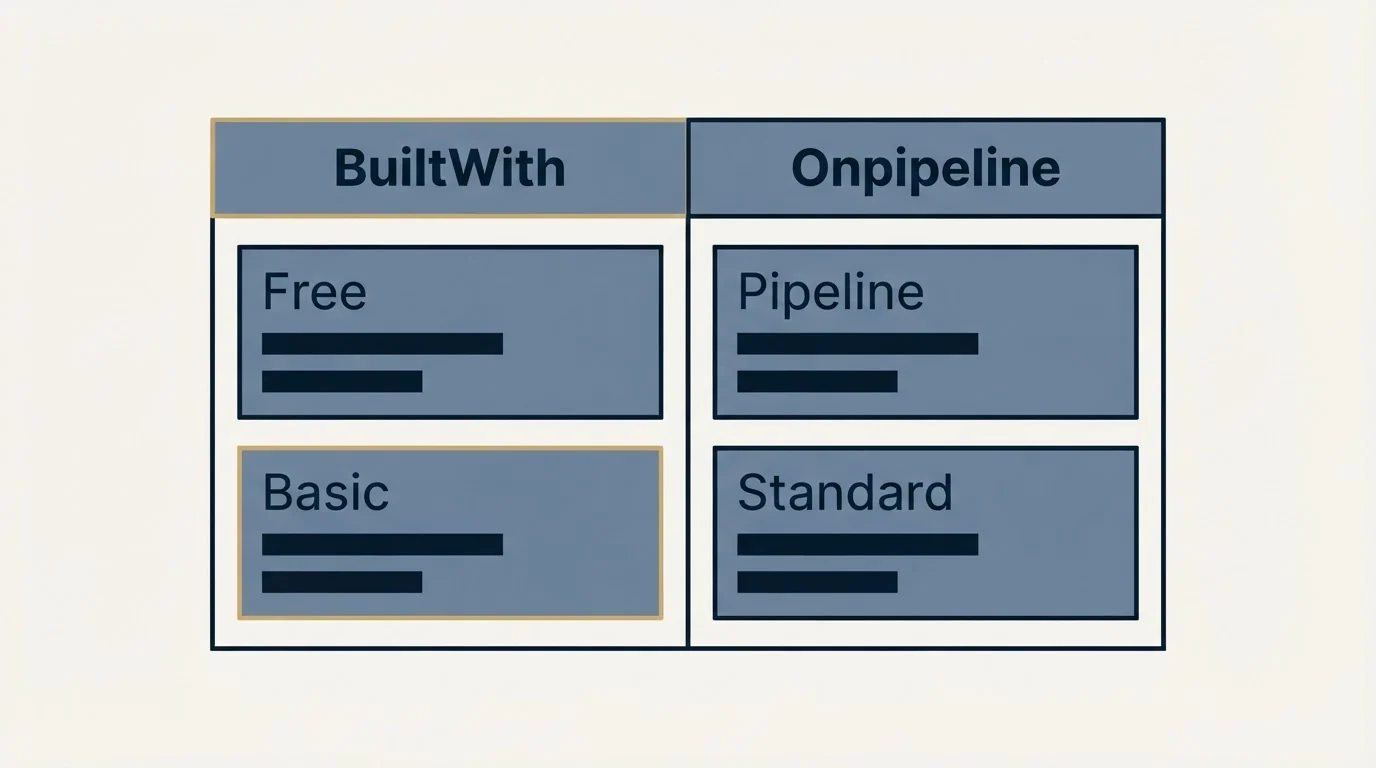 Pricing table: Pricing Comparison (BuiltWith, Onpipeline, Free, Pipeline)
