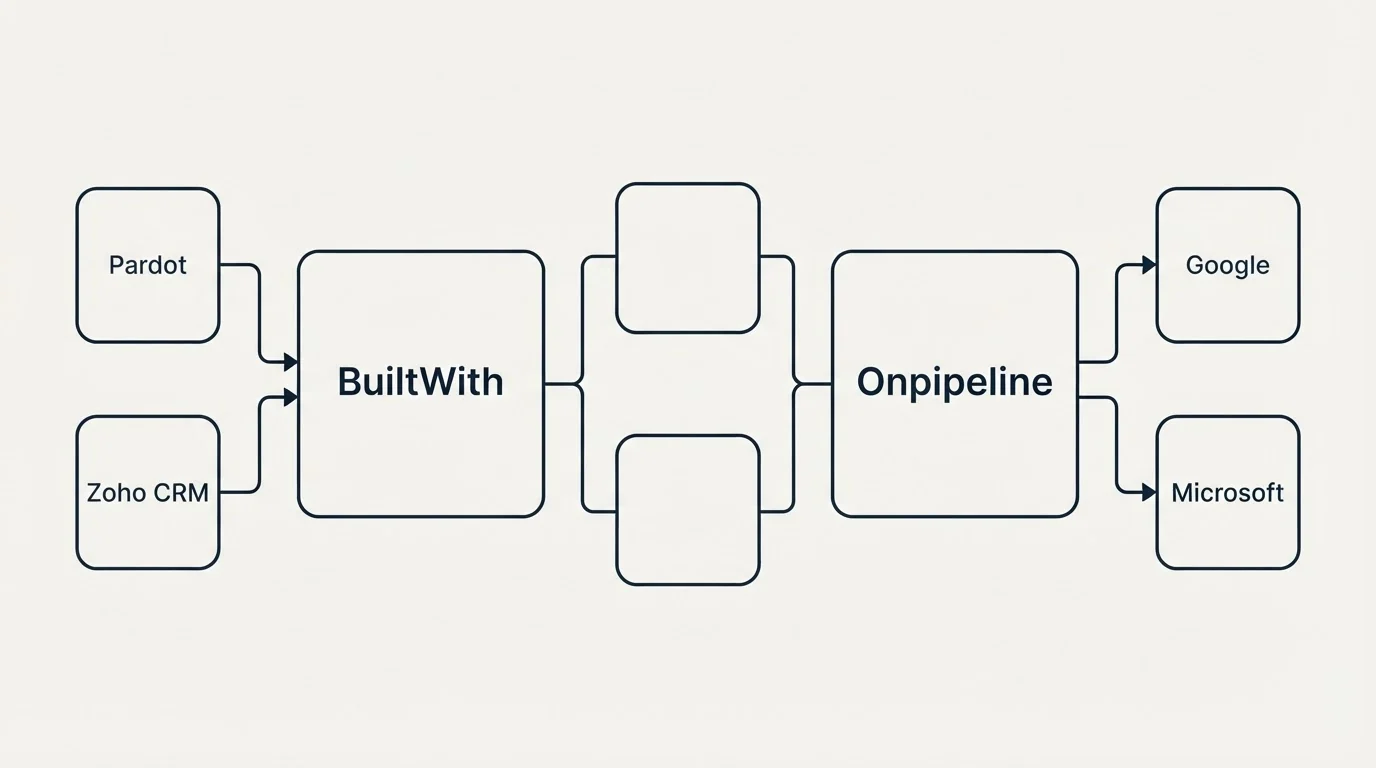 Integration flow: Integration Ecosystem (BuiltWith, Onpipeline, Pardot, Google)