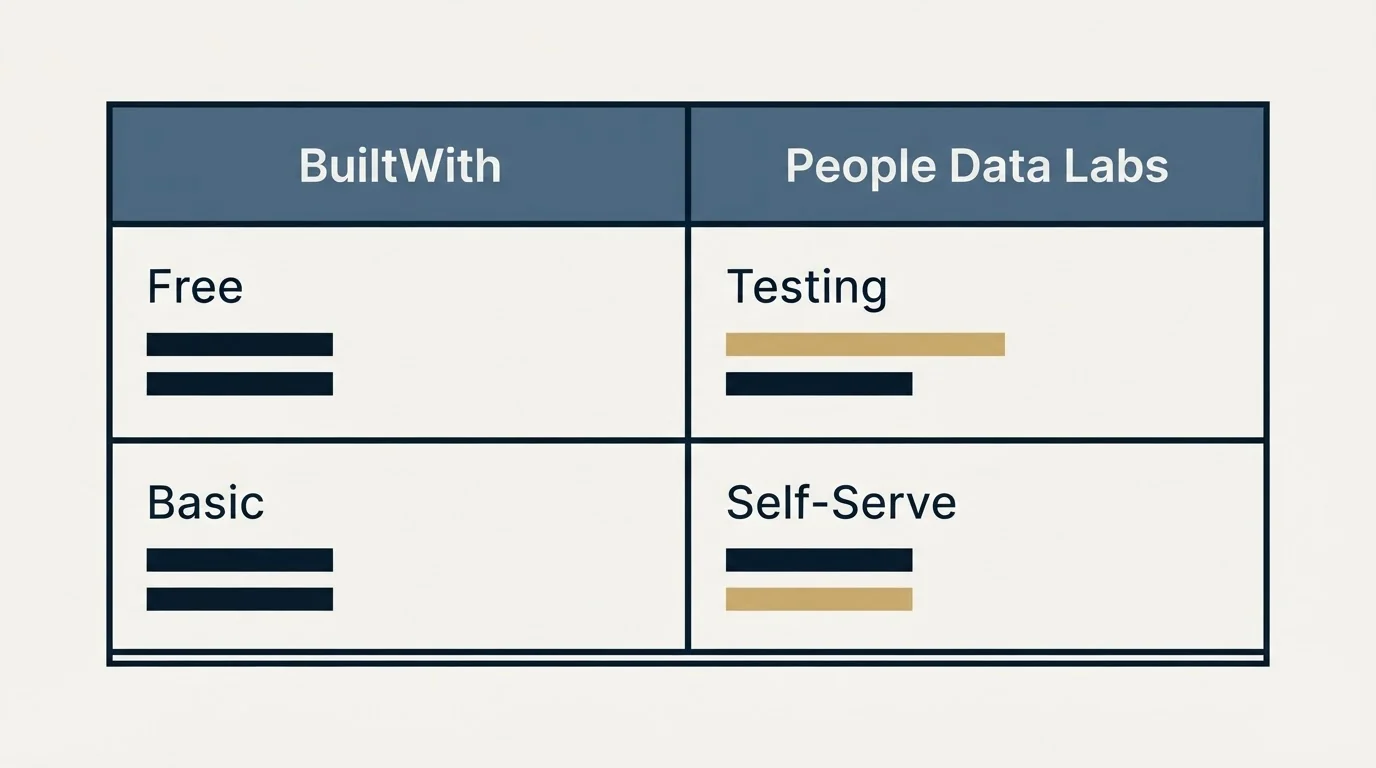 Pricing table: Pricing Comparison (BuiltWith, People Data Labs, Free, Testing)