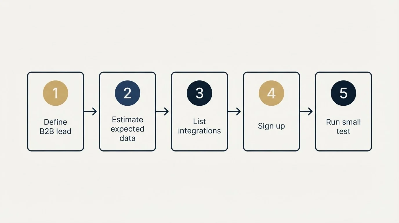 Step sequence: Getting Started Checklist (Define B2B lead, Estimate expected data, List integrations, Sign up)