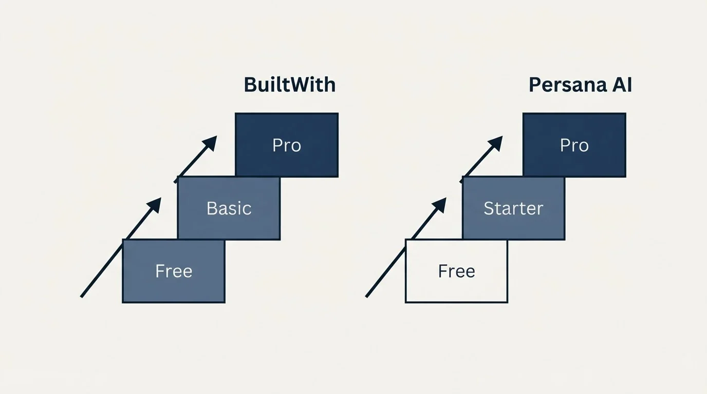 Pricing ladder: Pricing Comparison (BuiltWith, Persana AI, Free, Basic)