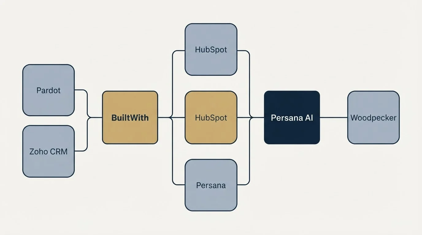 Integration flow: Integration Ecosystem (BuiltWith, Persana AI, HubSpot, Pardot)