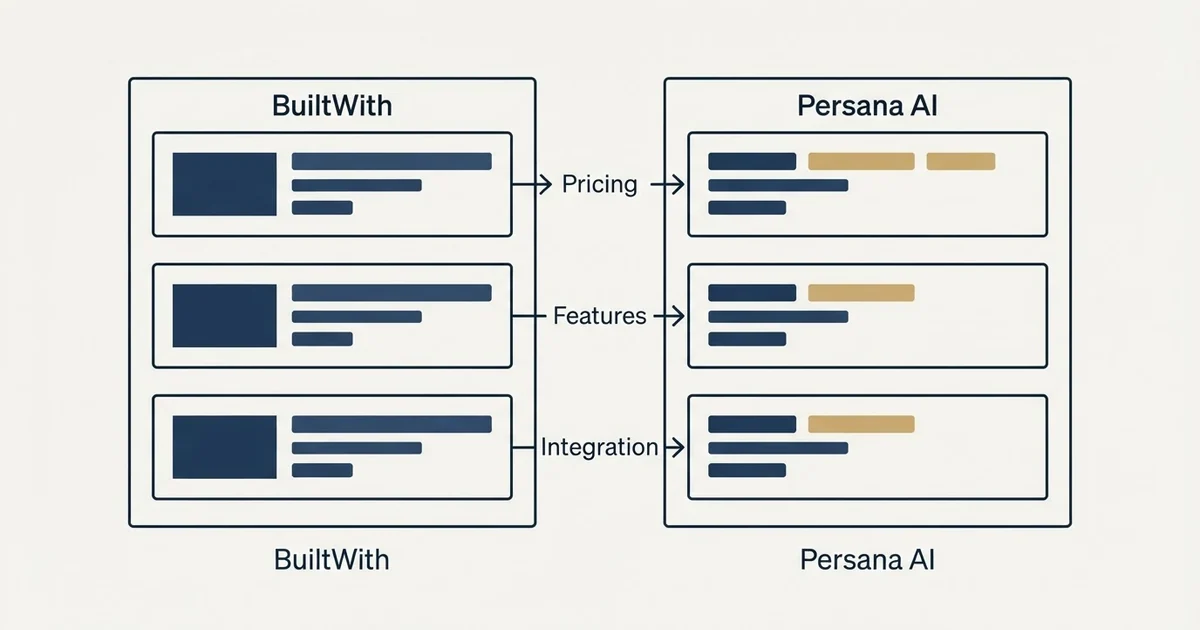 Comparison panel: BuiltWith vs Persana AI (Pricing, Features, Integration)